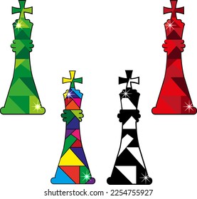 Set with chess monarch on white background. Mosaic chess king. Collection of creative glass table game figures.