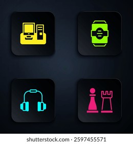 Set Chess, Monitor with keyboard, Headphones and Energy drink. Black square button. Vector