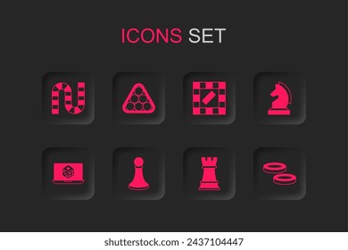 Set Chess pawn, Billiard balls in triangle, Board game, Checker chips,  and Game dice icon. Vector