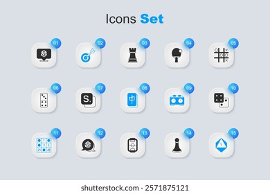 Set Chess pawn, Bingo, Classic dart board and arrow, card, Game dice,  and Mahjong pieces icon. Vector