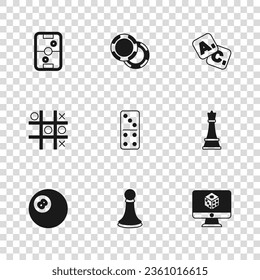 Set Chess pawn, Game dice, Domino, Bingo, Air hockey table, Casino chips and Tic tac toe game icon. Vector