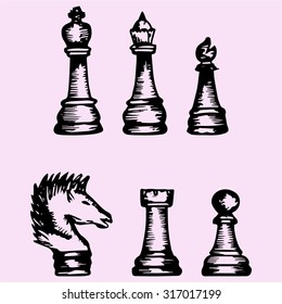 Set of chess piece, doodle style, sketch illustration