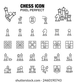 A set of chess piece icons in a line vector illustration style, pixel perfect