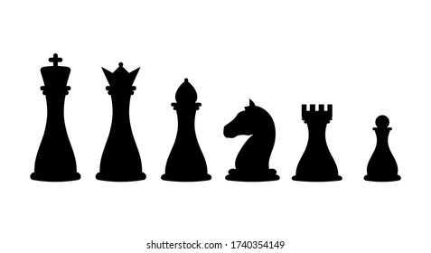 Set chess piece vector icons in black silhouettes on white showing the king queen rook bishop knight and pawn.