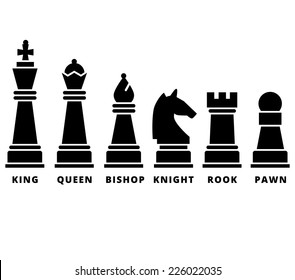 Set of chess piece. Vector icons in black silhouettes. King queen rook bishop knight and pawn