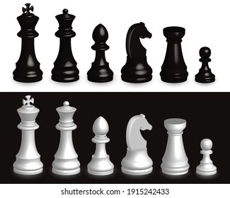 Set of chess pieces 3d. Realistic set of all chess pieces in 3d black and white. svg