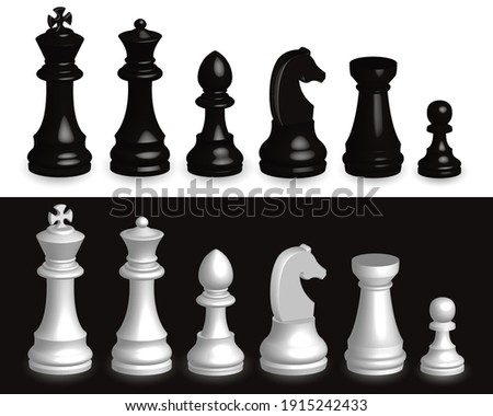 Set of chess pieces 3d. Realistic set of all chess pieces in 3d black and white.