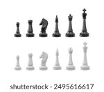 Set of chess pieces 3d vector illustration. Realistic all chess black and white collection. Chessmen, queen and king, knight or horse, rook, bishop and pawn. Strategy intellectual board game figures