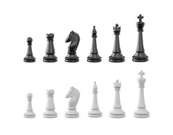Set of chess pieces 3d vector illustration. Realistic all chess black and white collection. Chessmen, queen and king, knight or horse, rook, bishop and pawn. Strategy intellectual board game figures