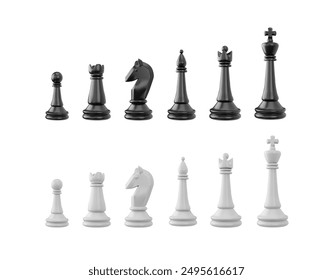 Set of chess pieces 3d vector illustration. Realistic all chess black and white collection. Chessmen, queen and king, knight or horse, rook, bishop and pawn. Strategy intellectual board game figures