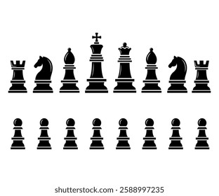 Set of chess pieces black silhouette isolated background 