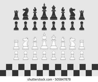 Set of chess pieces. Black and white chess pieces. Vector illustration. Vector icons.