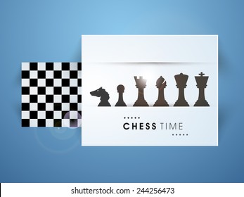 Set of chess pieces with chess board on blue background.
