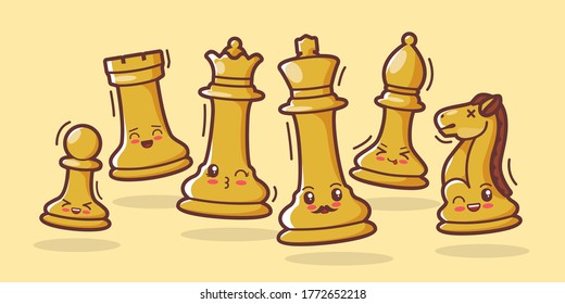 set of chess pieces cute cartoon illustration. strategy games, kawaii style in vector flat design