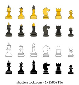 Set of chess pieces in four versions: yellow, black, line and silhouette. Vector illustration