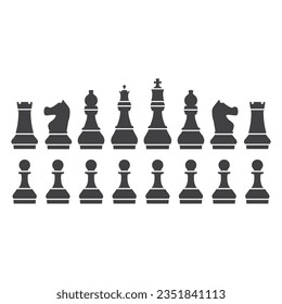 Set of Chess pieces icons. Included icon king, queen, bishop, knight, rook, pawn. Silhouettes isolated on white background. Chess pictogram. Set of chess position icons in line style Vector symbols.