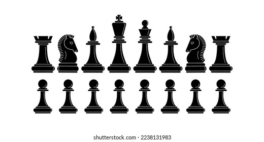 set of chess pieces isolated on a white background. chess is a complete set in its positions. black silhouette of chess pieces with a linear pattern. learning chess. stock vector illustration. EPS 10.