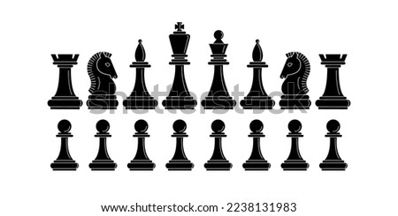 set of chess pieces isolated on a white background. chess is a complete set in its positions. black silhouette of chess pieces with a linear pattern. learning chess. stock vector illustration. EPS 10.