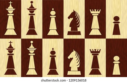 Set of chess pieces on chessboard fields, wooden inlay design, white piece on black field, black piece on white field