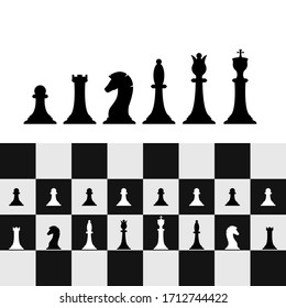 Set of chess pieces on chessboard. Chess strategy and tactic. Vector illustration