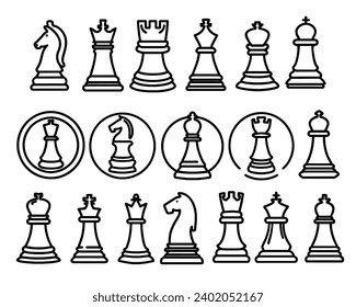 Set of chess pieces on a white background. Black and white vector illustration.