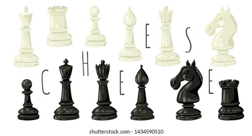 Set of chess pieces. Pawn, Rook, King, Elephant, Queen, Horse. Chess strategy game. Vector flat illustration, cartoon design