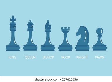 A set of chess pieces - pawn, rook, Bishop, knight, Queen, king, vector illustration. 