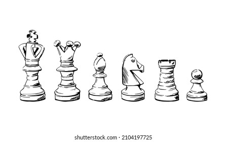 Set of chess pieces sketch. 6 hand-drawn black chess game. Vector illustration.