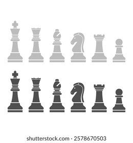 Set of chess pieces standing in line, isolated: chess game, strategy and board games concept