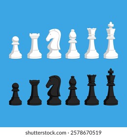 Set of chess pieces standing in line, isolated: chess game, strategy and board games concept