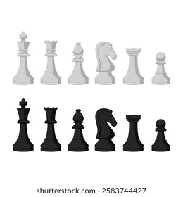 Set of chess pieces standing in line, isolated: chess game, strategy and board games concept