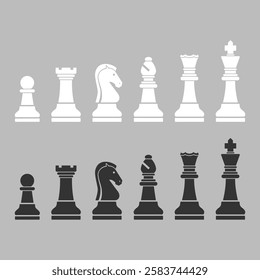 Set of chess pieces standing in line, isolated: chess game, strategy and board games concept