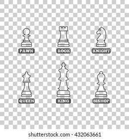A set of chess pieces of thin lines with the name, vector illustration.