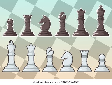 Set of chess pieces upon a teal and orange chessboard background
