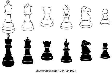 Set of chess pieces in white and black isolated on a white background