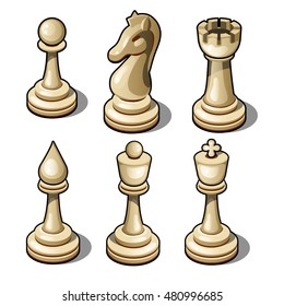 Set of chess pieces in white isolated on white background. Vector cartoon close-up illustration.