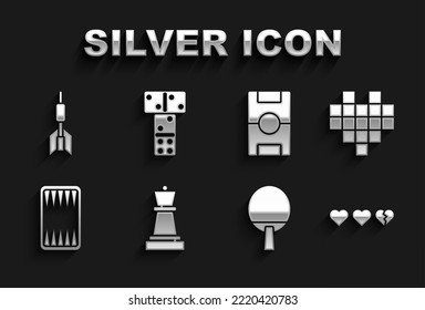 Set Chess, Pixel hearts for game, Hearts, Racket, Backgammon board, Hockey table, Dart arrow and Domino icon. Vector