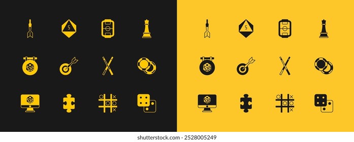 Set Chess, Puzzle pieces toy, Crossed billiard cues, Tic tac toe game, Classic dart board and arrow, Table football, Dart and Game dice icon. Vector