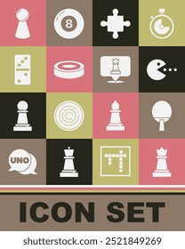 Set Chess, Racket, Pacman with eat, Puzzle pieces toy, Checker game chips, Domino, Chip for board and  icon. Vector