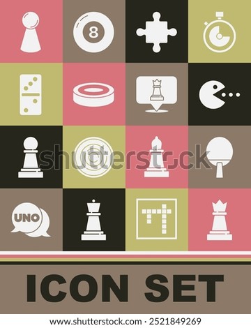 Set Chess, Racket, Pacman with eat, Puzzle pieces toy, Checker game chips, Domino, Chip for board and  icon. Vector