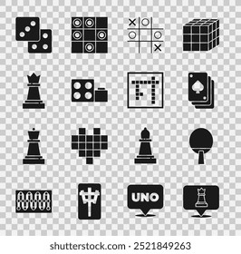 Set Chess, Racket, Playing cards, Tic tac toe game, Toy building block bricks, Game dice and Bingo icon. Vector