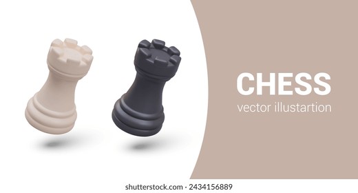 Set of chess realistic rooks of different colors. Black and white game figure