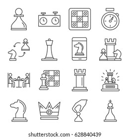 Set of chess Related Vector Line Icons. Includes such Icons as game pawn, Board game, checkmate, chess Board, playing pieces