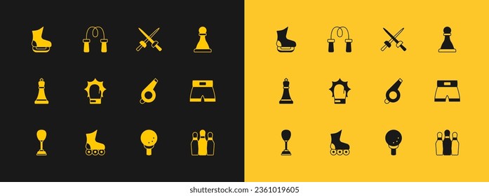 Set Chess, Roller skate, Whistle, Golf ball on tee, Punch in boxing gloves, Fencing, Skates and Jump rope icon. Vector