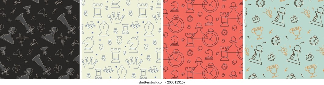 Set of chess seamless patterns. Textures with different elements in doodle style.