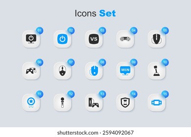 Set Chess shield, Computer mouse, Power button, Game rating with medal, Portable video game console, Gear shifter,  and  icon. Vector