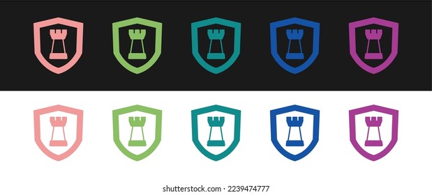 Set Chess shield icon isolated on black and white background. Business strategy. Game, management, finance.  Vector