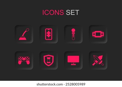 Video Conjunto de escudo de ajedrez, juegos móviles, micrófono, monitor de computadora, consola de juegos portátil, espada para VR, controlador y joystick de juego icono. Vector