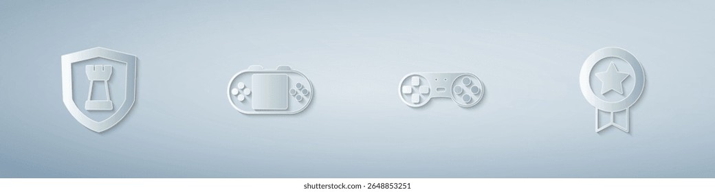 Set Chess shield, Portable video game console, Game controller joystick and rating with medal. Paper art style. Vector