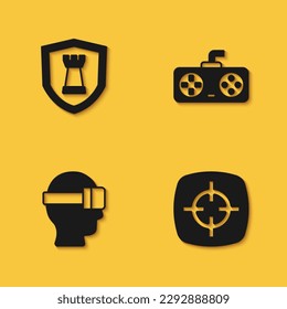 Set Chess shield, Target sport, Virtual reality glasses and Game controller joystick icon with long shadow. Vector